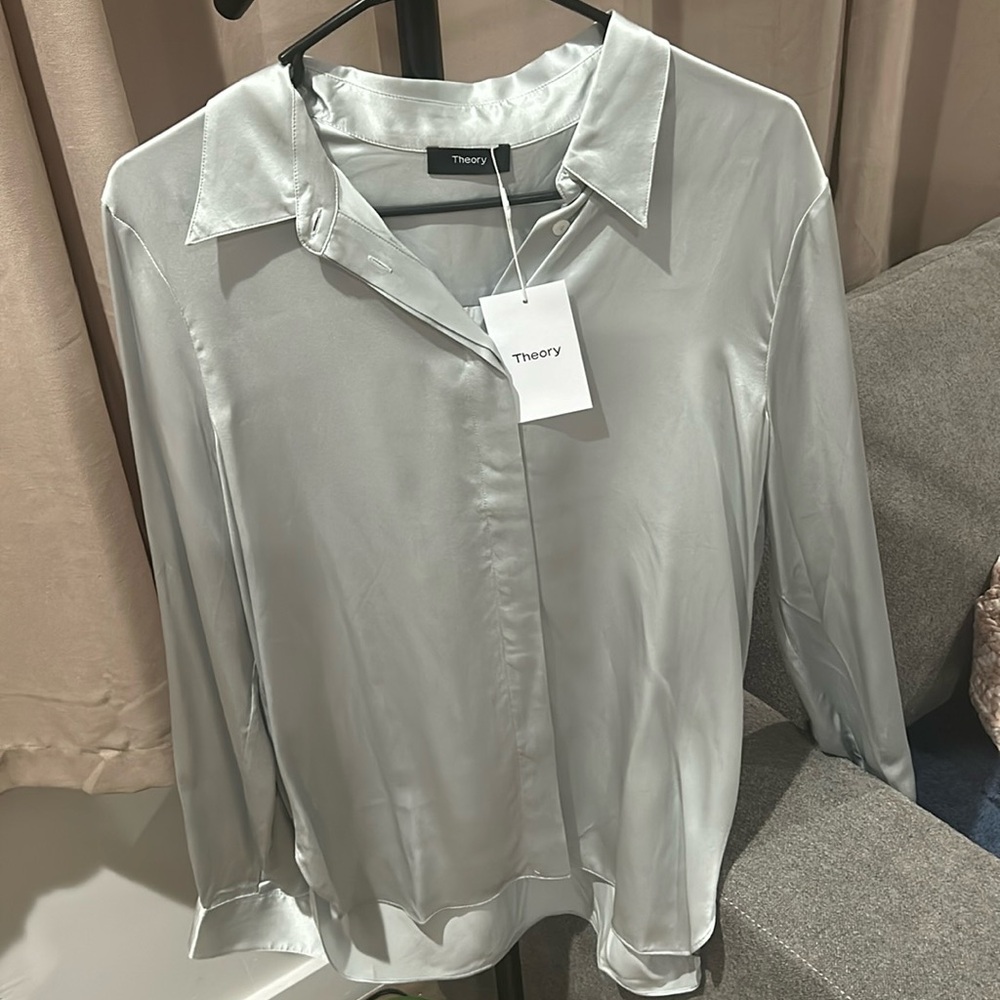 Theory Classic Straight Shirt 100% Silk- Silver Color